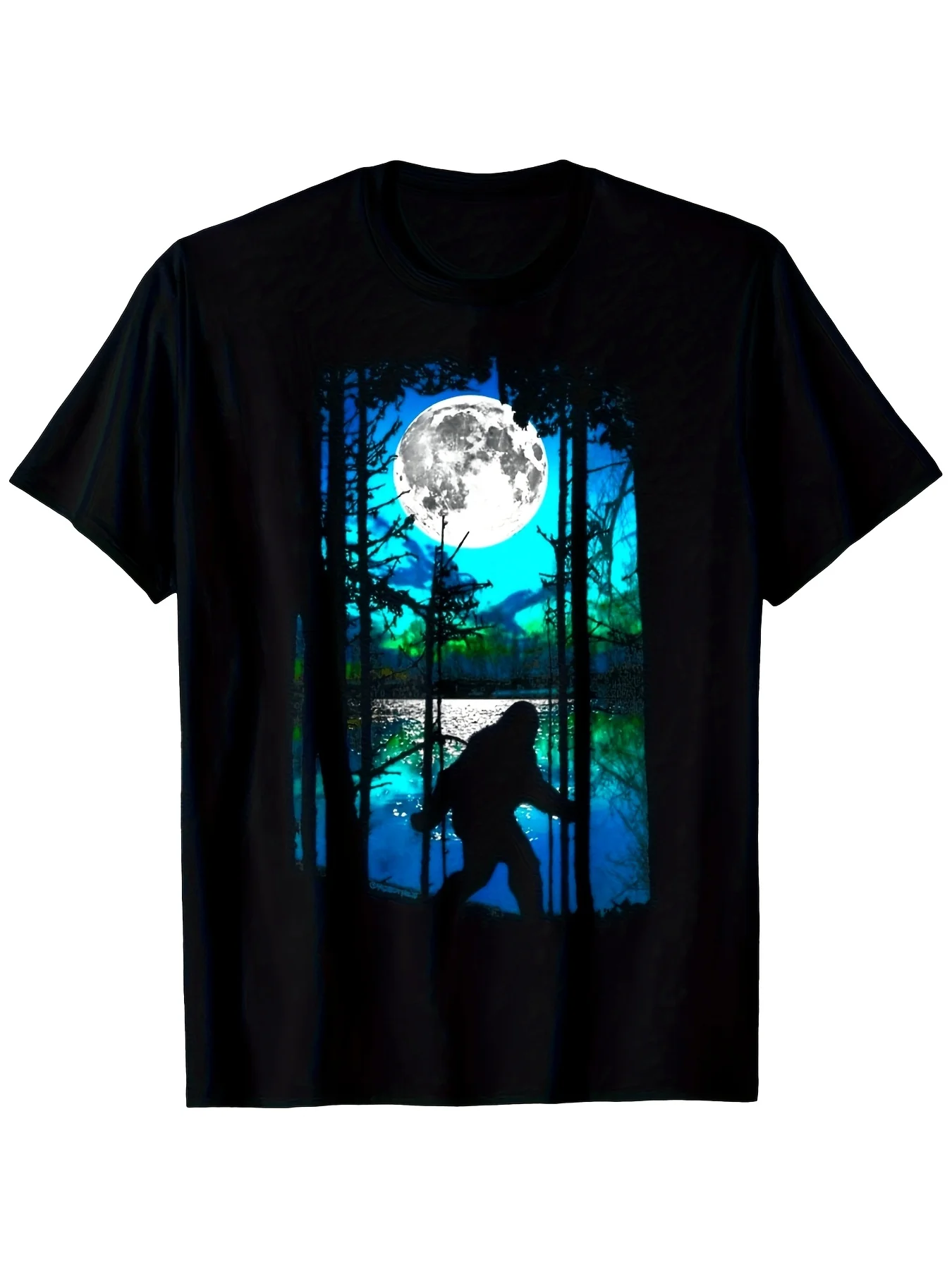 Men's Fun Bigfoot Moonlight Forest Printed T-Shirt, Crew Neck Short Sleeve Regular Version, Four Seasons Casual Wear 180 Grams, Valentine's Day/New Year/Father's Day/Christmas Vintage Casual Crew Neck Printed T-Shirt