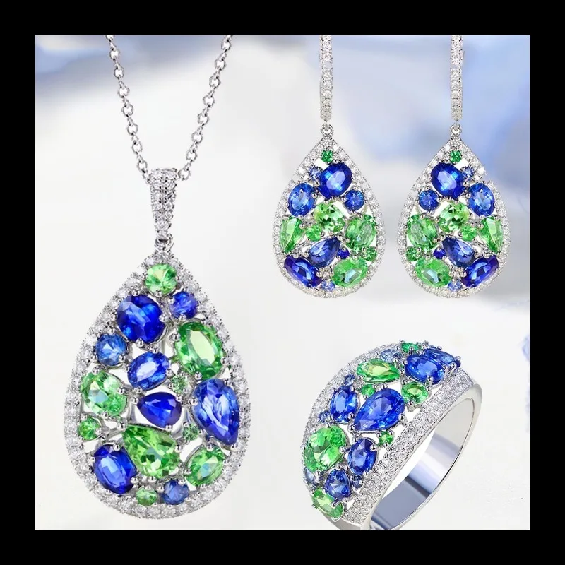 Zestaw Monet's Garden Treasure, wisiorek z diamentem i szafirem tsaworytem, otwarty pierścionek, długie kolczyki na biglach
