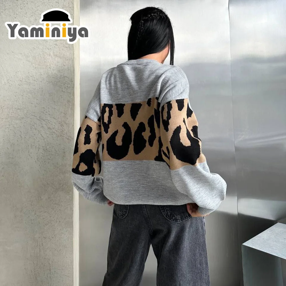 Sweter zimowy z długim rękawem O-Neck Casual Print Stitching Leopard Damski sweter z dzianiny w panterkę Luźna dzianina znosić 2024 NOWOŚĆ