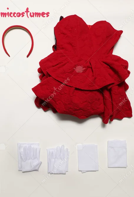 Micfigurinos-Vestido feminino de tubo sem alças com bandana, meias e luvas para coxa alta, traje cosplay Mima, vermelho