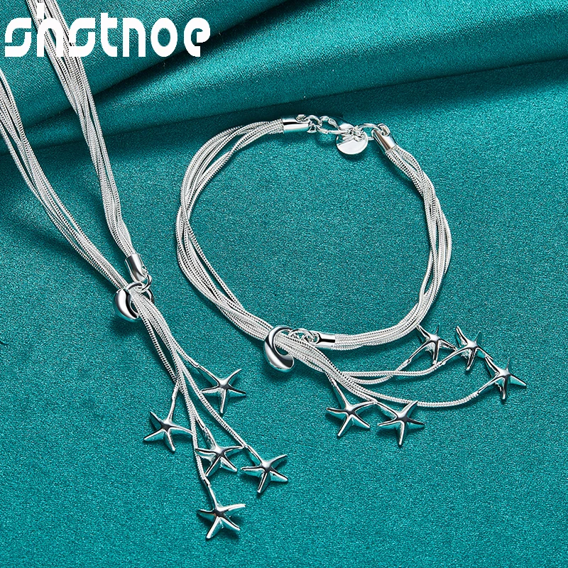 

SHSTONE 2pcs 925 Sterling Silver Multi Star Snake Chain Necklace Bracelets Fashion Jewelry Sets For Woman Birthday Party Wedding