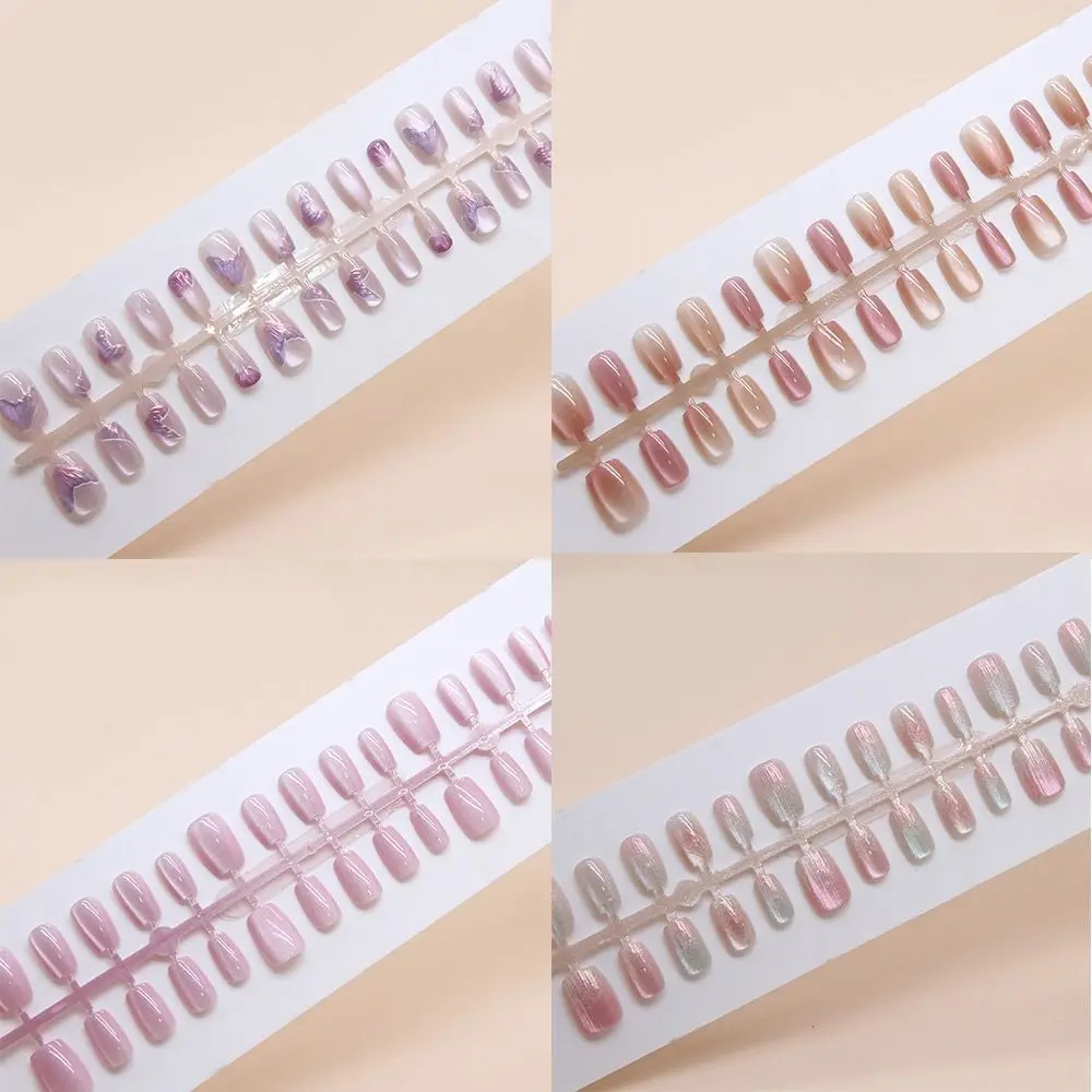 

New Long Square False Nails French Cat Eye Press on Nails Shining Full Cover Fake Nials Women Girls