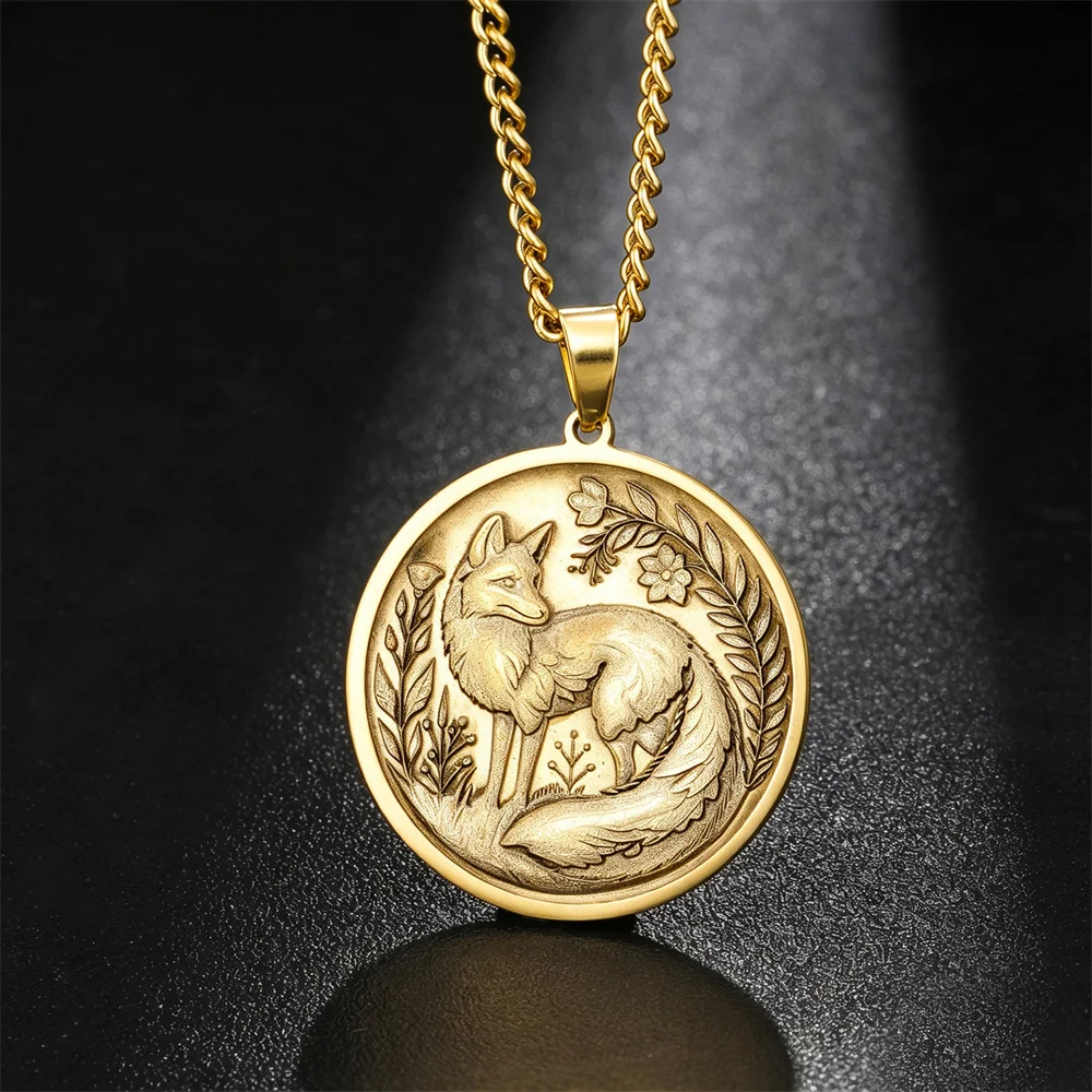 Fox Relief Medallion Necklace Vintage Brass Embossed Coin Pendant Stainless Steel Chain Retro Floral Fox Animal Jewelry Gift