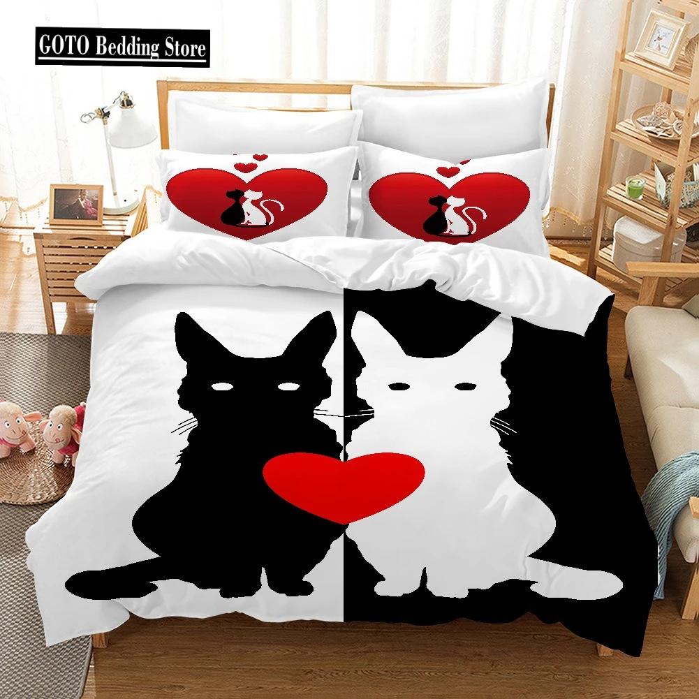 Black White Couple Cat Beddings-set Double Duvet Cover+Pillowcases Queen/King Size Love 2pcs/3pcs Mr,mrs Beard Duvet Cover Set