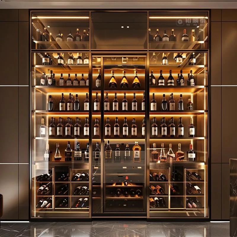 Stainless steel wine cabinet display high-end rose gold glass red wine cabinet against the wall villa basement display rack
