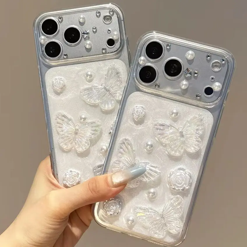 Elegant Iridescent Butterfly Rose Pearl Epoxy Phone Case for 17 Pro Max White Shimmer TPU Protective Cover for iPhone 16 15 14