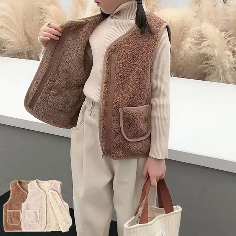 Autumn Winter New Boys Girls Sleeveless Lamb Wool Warm Waistcoat Single Breasted Double Layer 4-6Y Child Warm Fashion Warm Coat