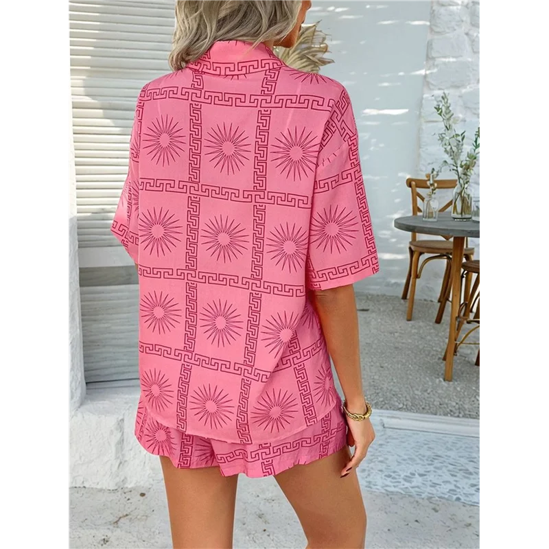AG-Women's Soft Summer Floral Tropical Print V الرقبة المحملة قصيرة الأكمام زر أعلى السراويل 2 قطعة مجموعات