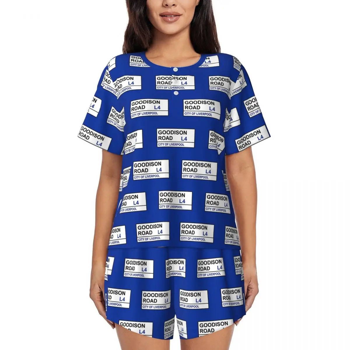 

Everton Football Team Goodison Road Street Sign Round Neck Short Sleeves Nightdress for Sleeping Women Pajama Set Short Pants
