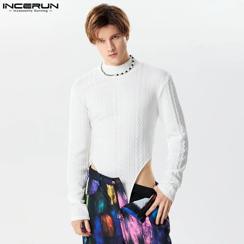 

INCERUN 2024 Sexy New Men Jumpsuits Fashion Half High Collar Design Rompers Solid All-match Texture Long Sleeved Bodysuits S-3XL