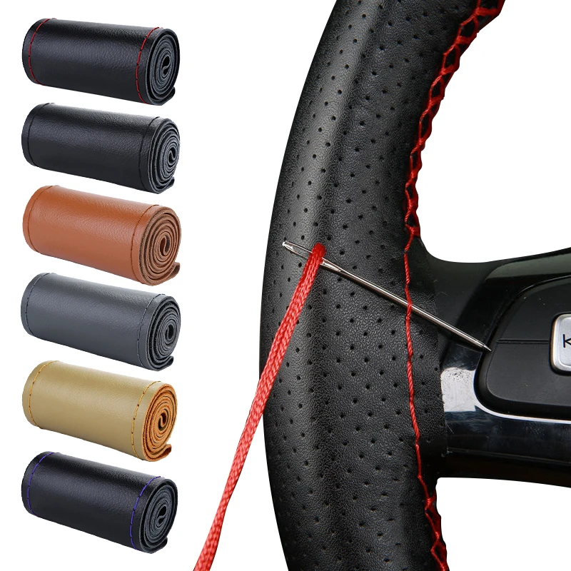 38cm Car Genuine Leather Steering Wheel Braid Cover Hand-stitched Soft Non-slip Auto Interior Accessories