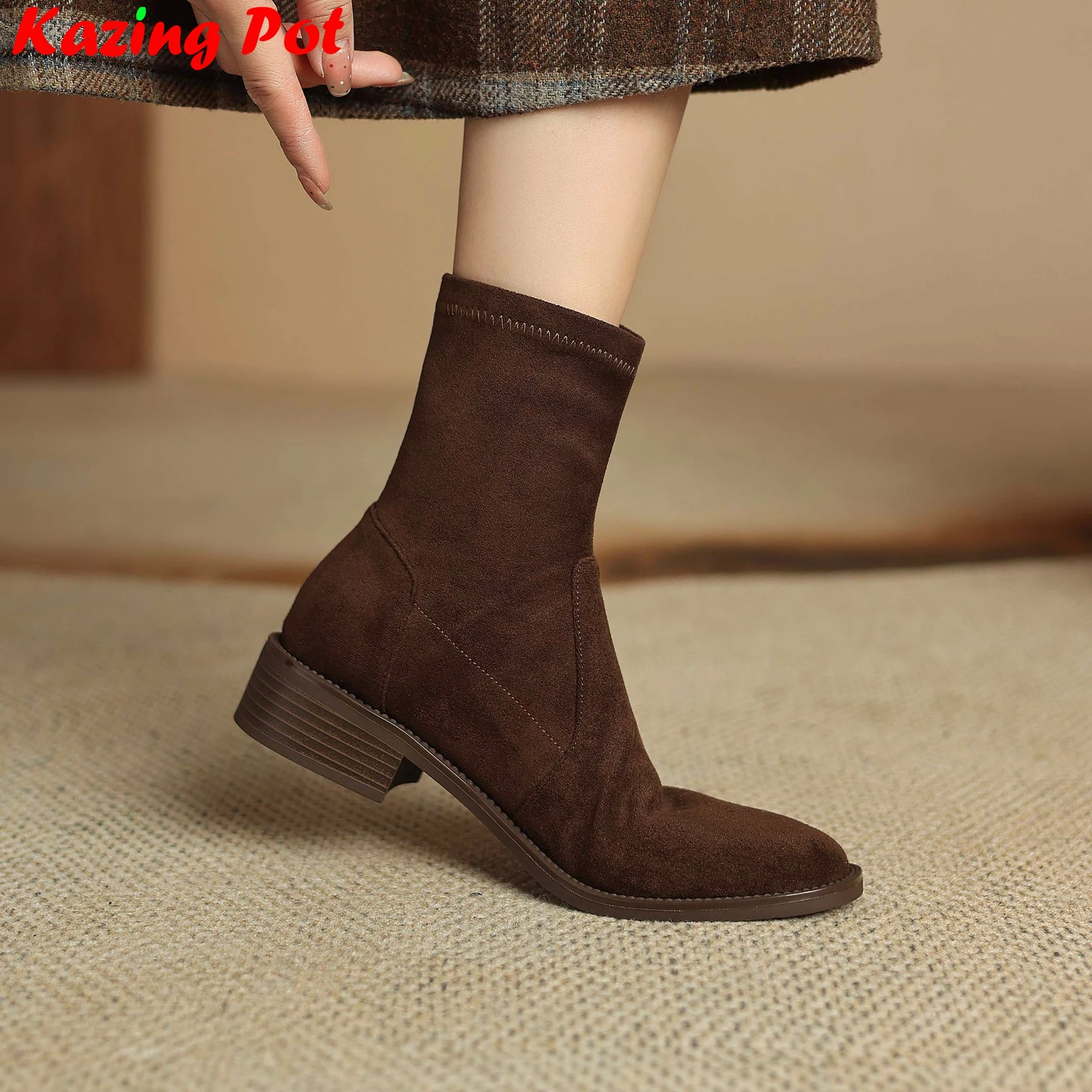 

Krazing Pot Plus Size 34-43 flock round Toe Zipper High Heels Modern Stretch Boots Warm Winter Shoes Dating Ins Ankle Boots