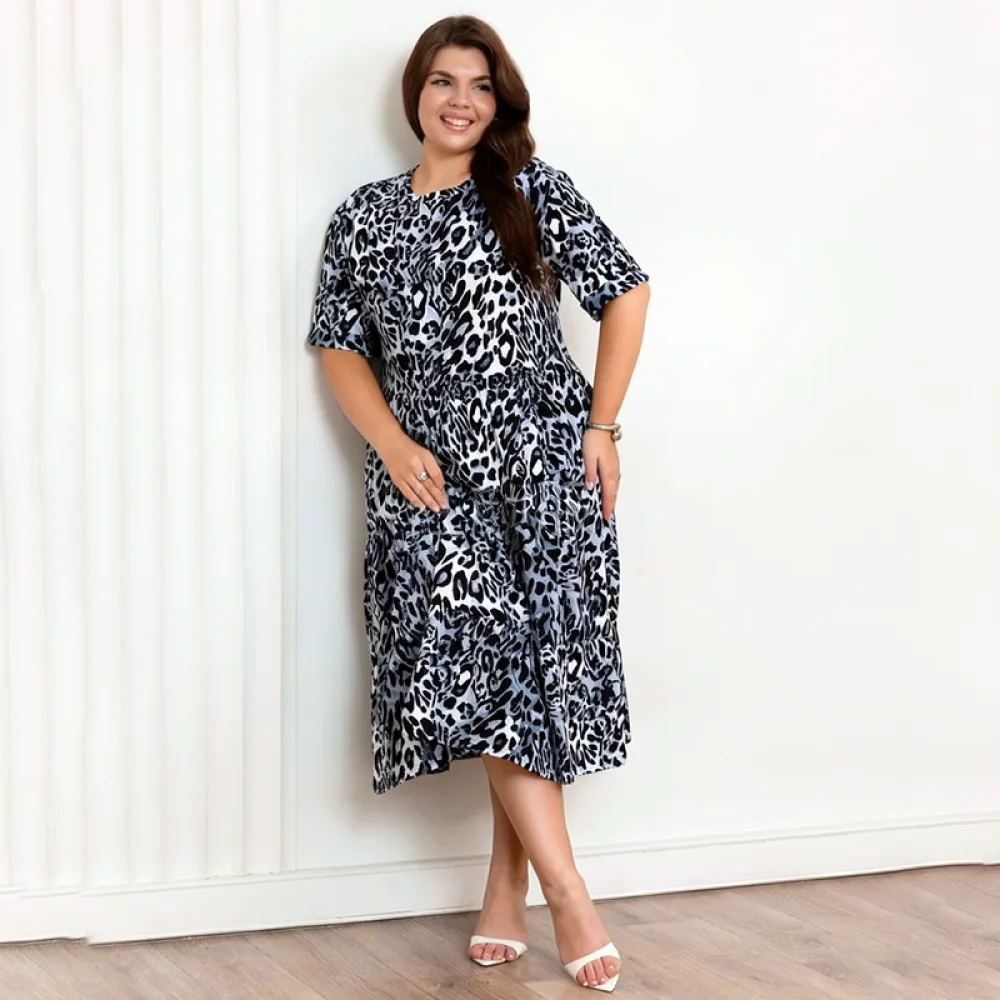 Plus Size Summer Dress Women Casual O Neck Short Sleeve Print Loose Fit Elegant Soft Fashion Daily Style Clothing