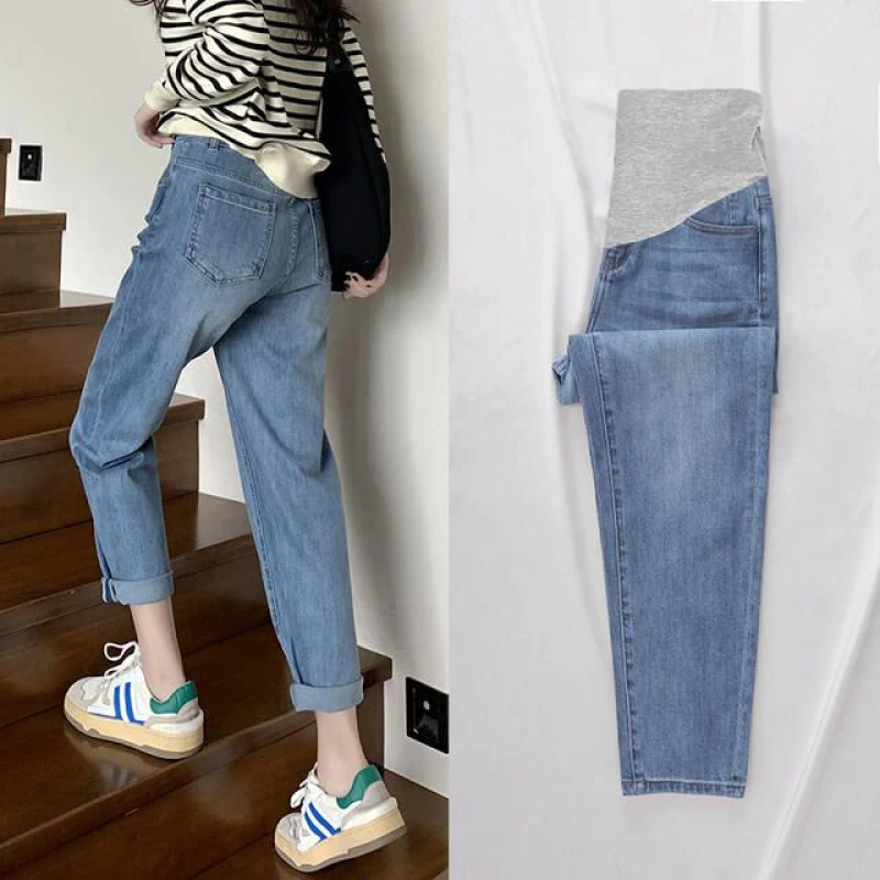 

237# 2023 Spring Denim Maternity Straight Jeans Loose Straight Elastic Waist Belly Pants Clothes for Pregnant Women Pregnancy