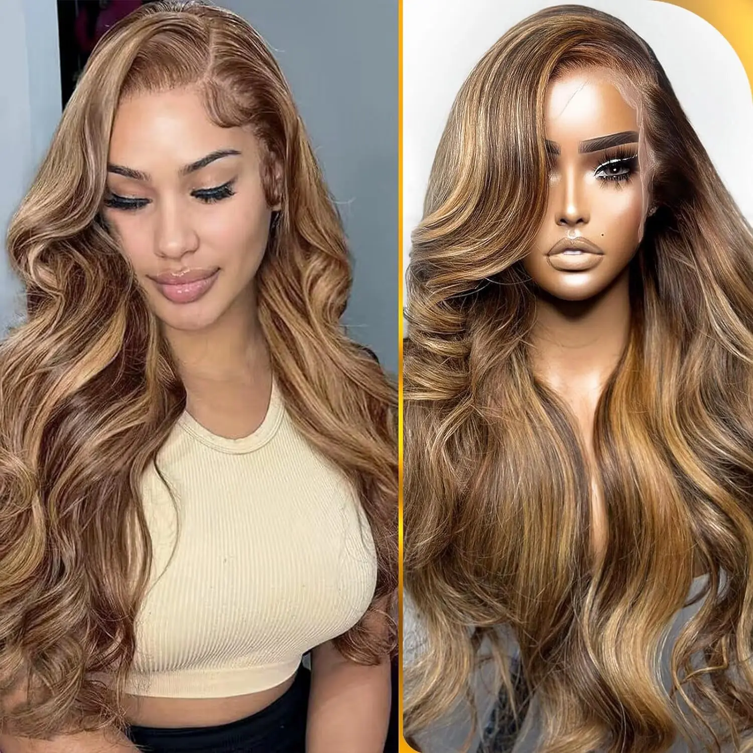 30 34 Inch Highlight 13x4 Lace Frontal Human Hair Body Wave Wigs 4/27 Color Water Wave Transparent Lace Front Wig