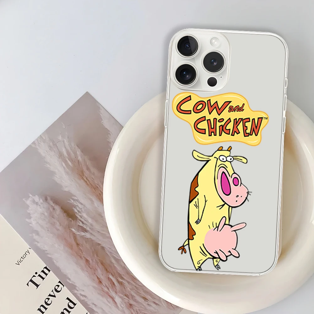 Cartoon C-Cow and C-Chicken Phone Case for iPhone 12 11 13 14 15 16 Max Pro Plus Transparent Soft Shell