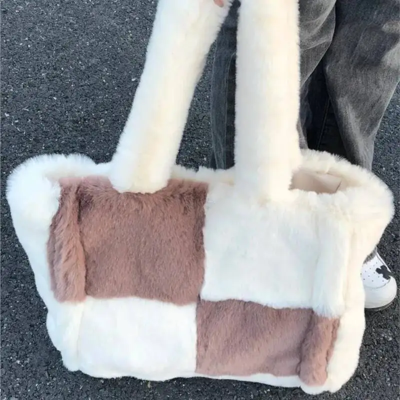 Sweet Cute Plush Tote Women Color Block Soft Large Capacity Handbag Ladies Gentle Comfort Minimalist Versatile Underarm Bag