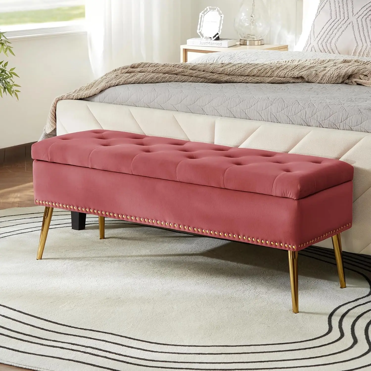 Velvet Storage Ottoman Gold Base Nailhead Trim, Button-Tufted Upholstered Footstool for Bedroom Entryway Living Room, Customized