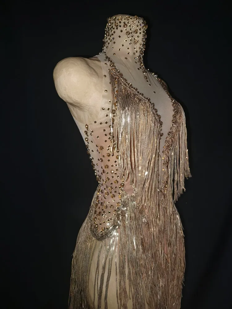 Women Sexy Tassel Gold Diamonds Midi Dress Birthday Party Costume Bar Nightclub Stage Performance Clothing