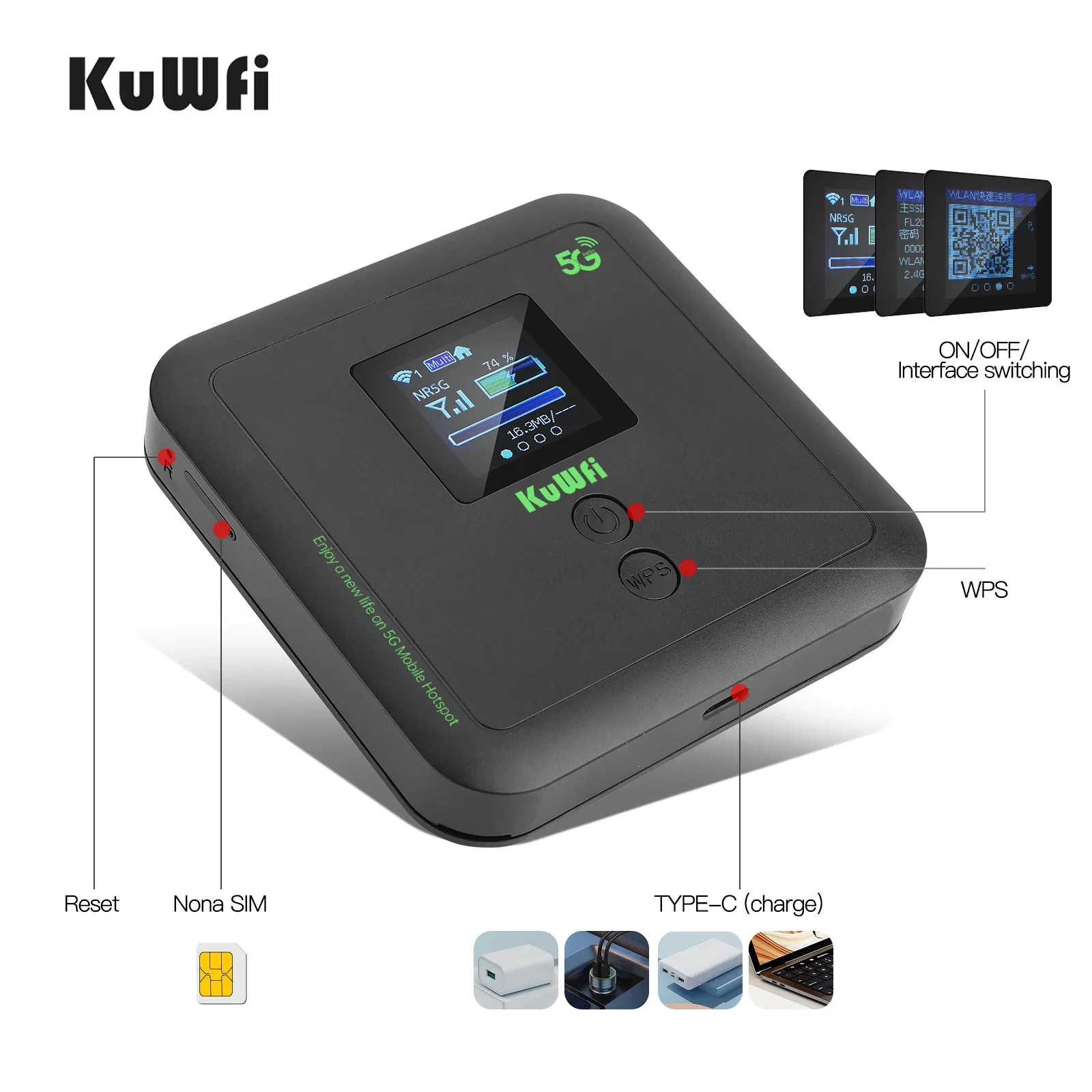 KuWFi 5g router outdoor support eSim dual band 3000Mbps 6000mAh big battery 5g pocket wifi router for travel use