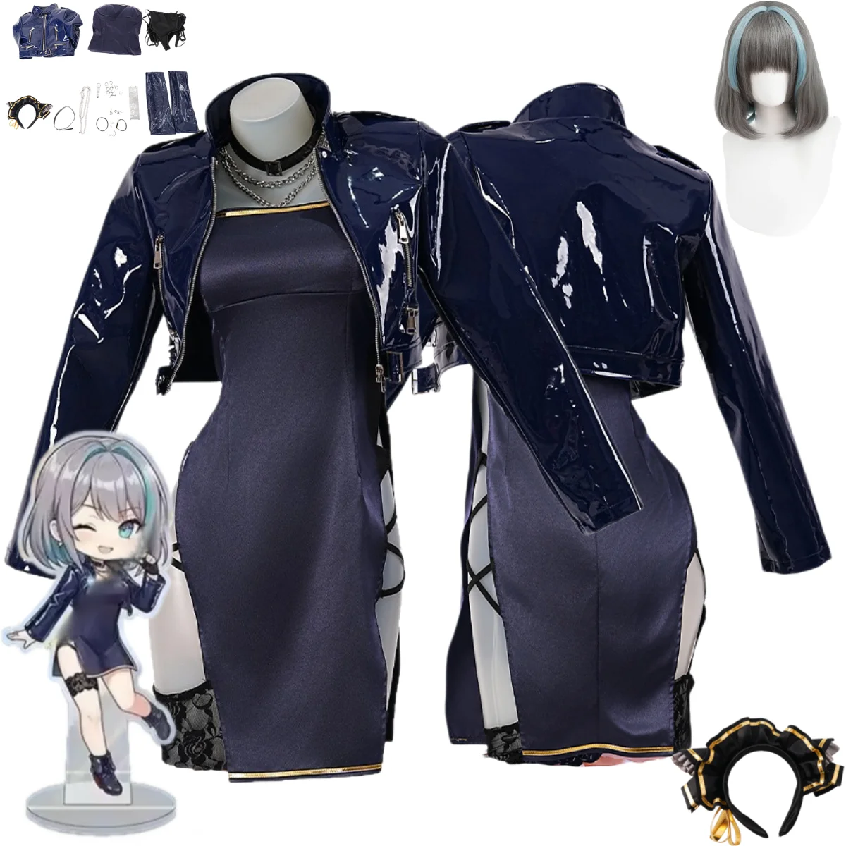 

Anime Game Azur Lane HMS Cheshire Cosplay Costume Wig Blue Cheongsam PU Coat Dress Woman Sexy Carnival Halloween Suit