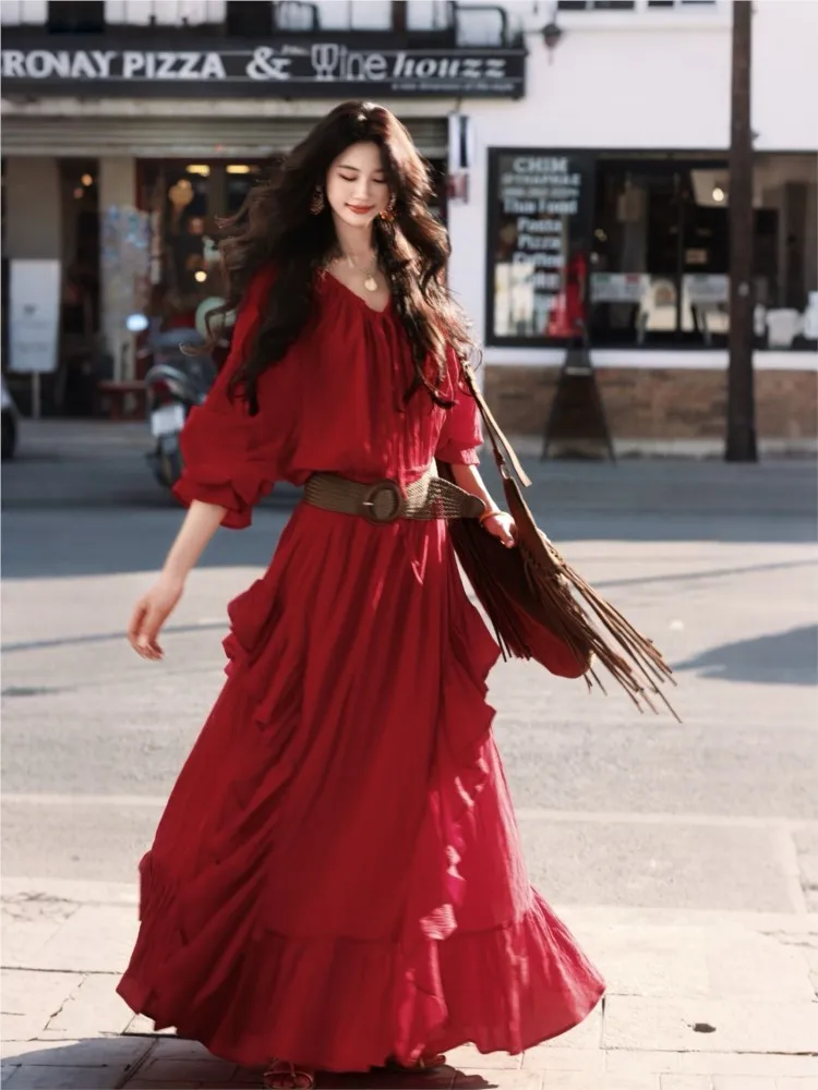 Red-neck drawstring leaf adjustable off-the-shoulder long mid-low waist long-sleeved dress