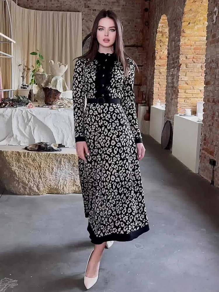 

Fashion Print Loose Long Dresses Spring Women Single Breasted Casual Lapel Dress Autumn High Waist Big Swing Knee Length Dress