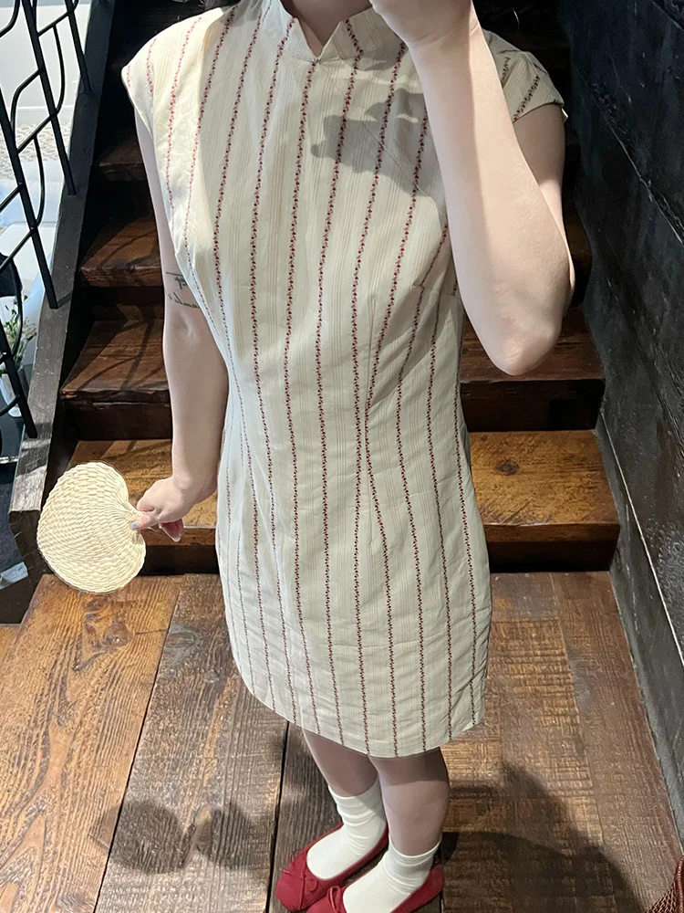 

Винтажное женское платье-ципао с розовыми полосками, маленький размер, летняя коллекция 2025, повседневная одежда, другие материалы