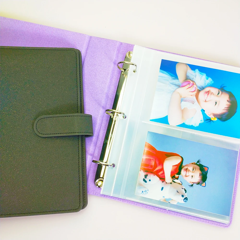 A5 3 Ring Glitter PU Leather Binder with Magnetic Buckle Refillable 4×6 Photo Album Notebook Stationery