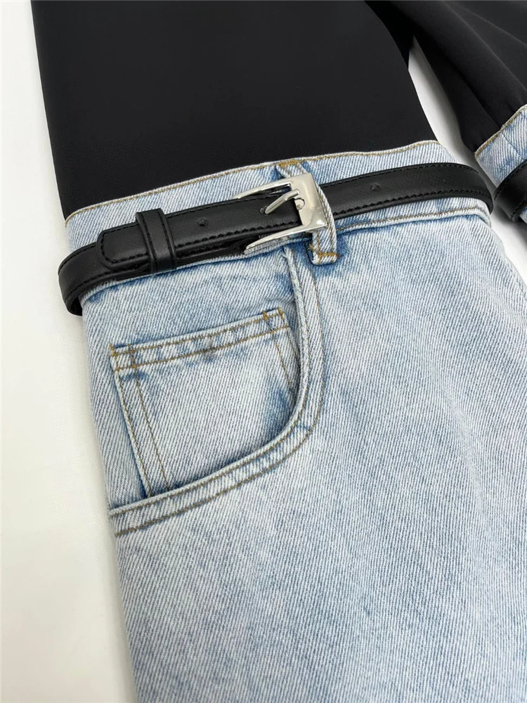 LGRQ 2024 Summer New Fashion Women's Jeans High Waist Straight Patchwork PU Leather Buckle Streetwear Denim Pants Tide 17A2013H