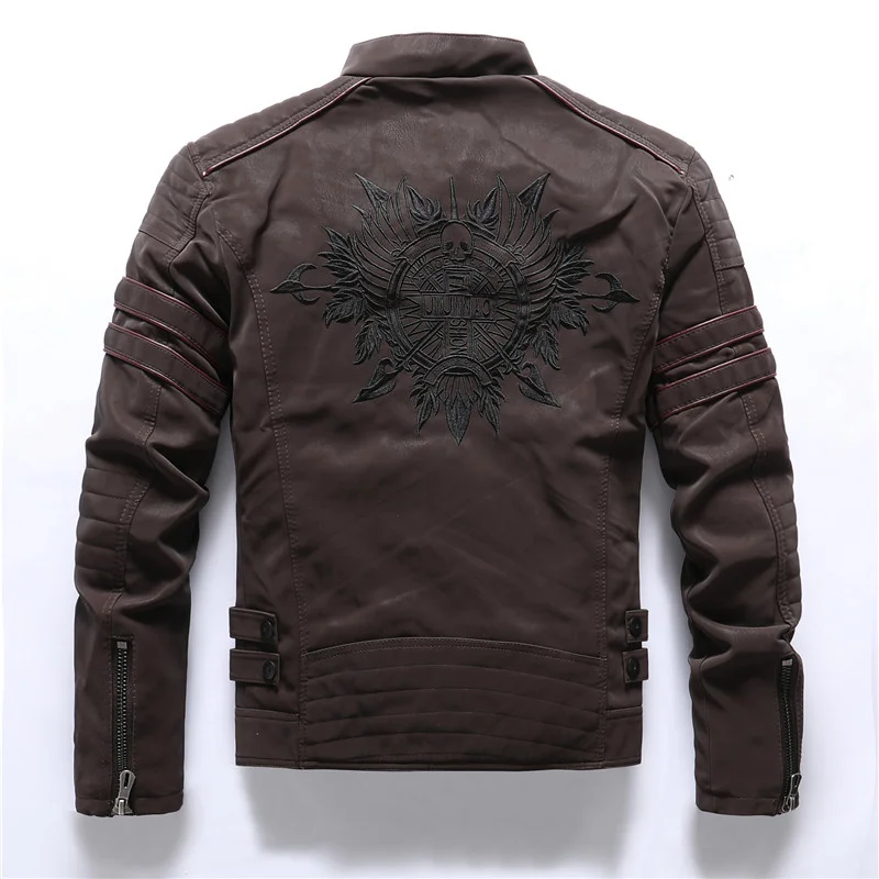 

Back Skull Embroidery Motorcycle Faxu Leather Jackets Men Fashion Fleece Warm PU and Coats Autumn Winter Outwear