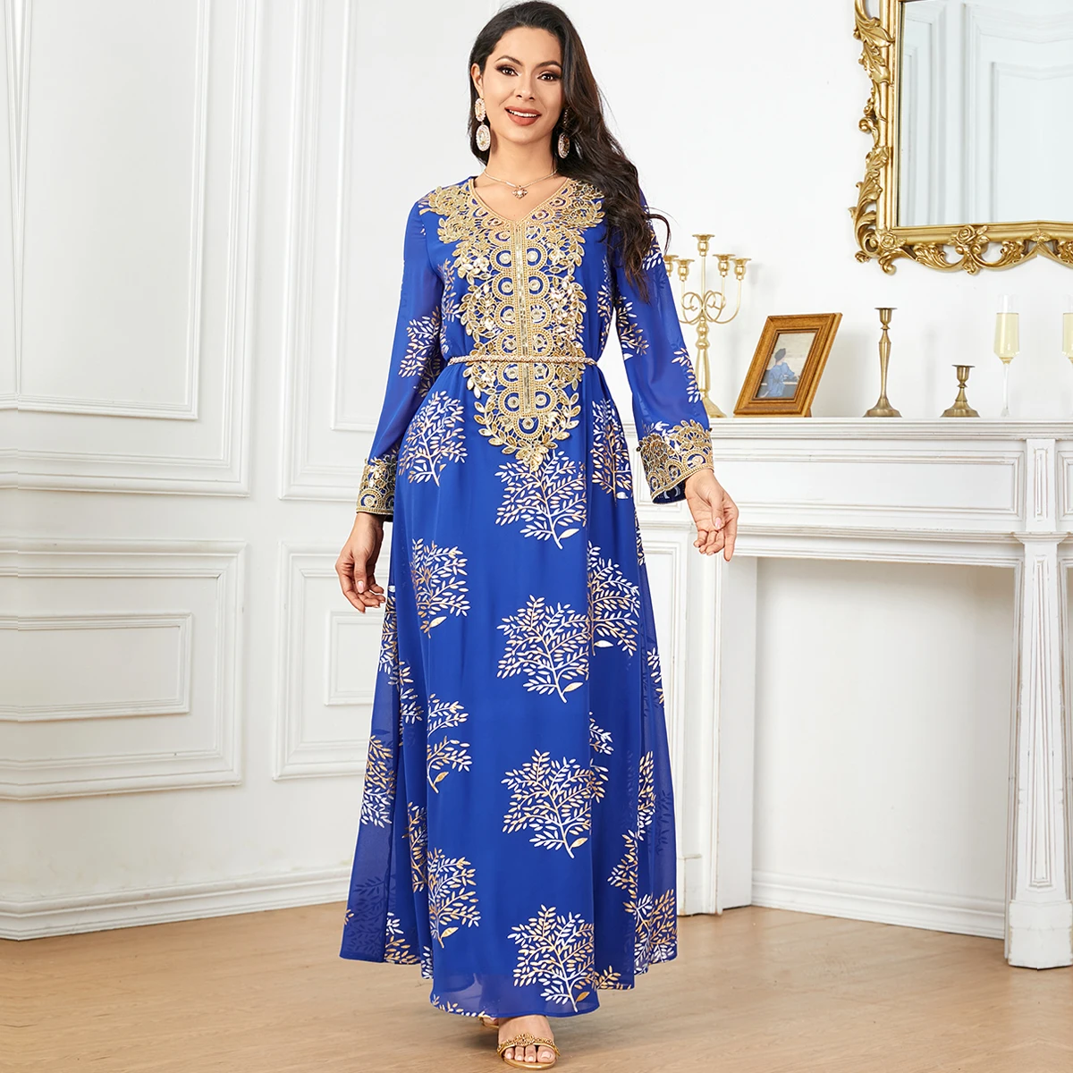 BNSQ 2024 Summer Middle East Arab New Floral Gold Plated Women Dresses Party Dresses Moroccan Kaftan with Customized Belt