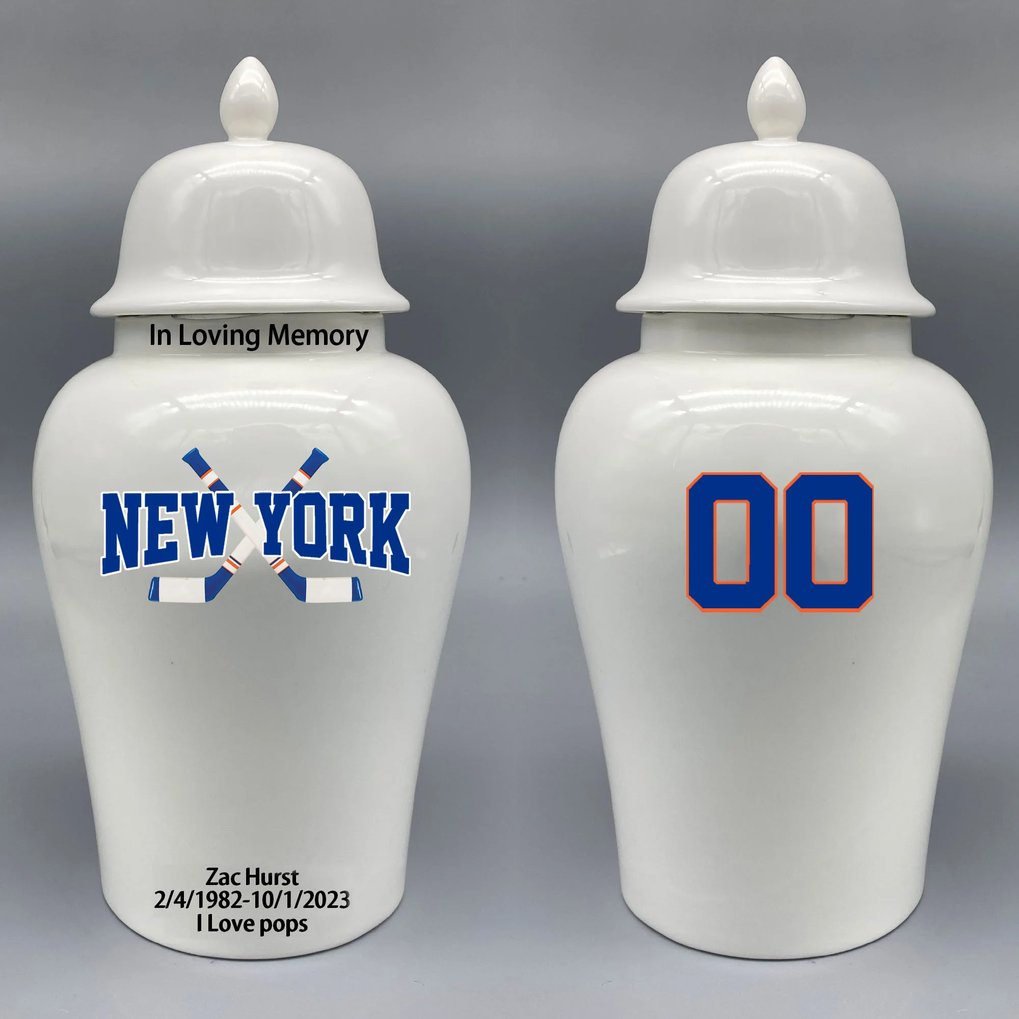 

Large Urn for New York Islanders-themed Hockey Urn.Please send me the customize information-name/date and number on the urn