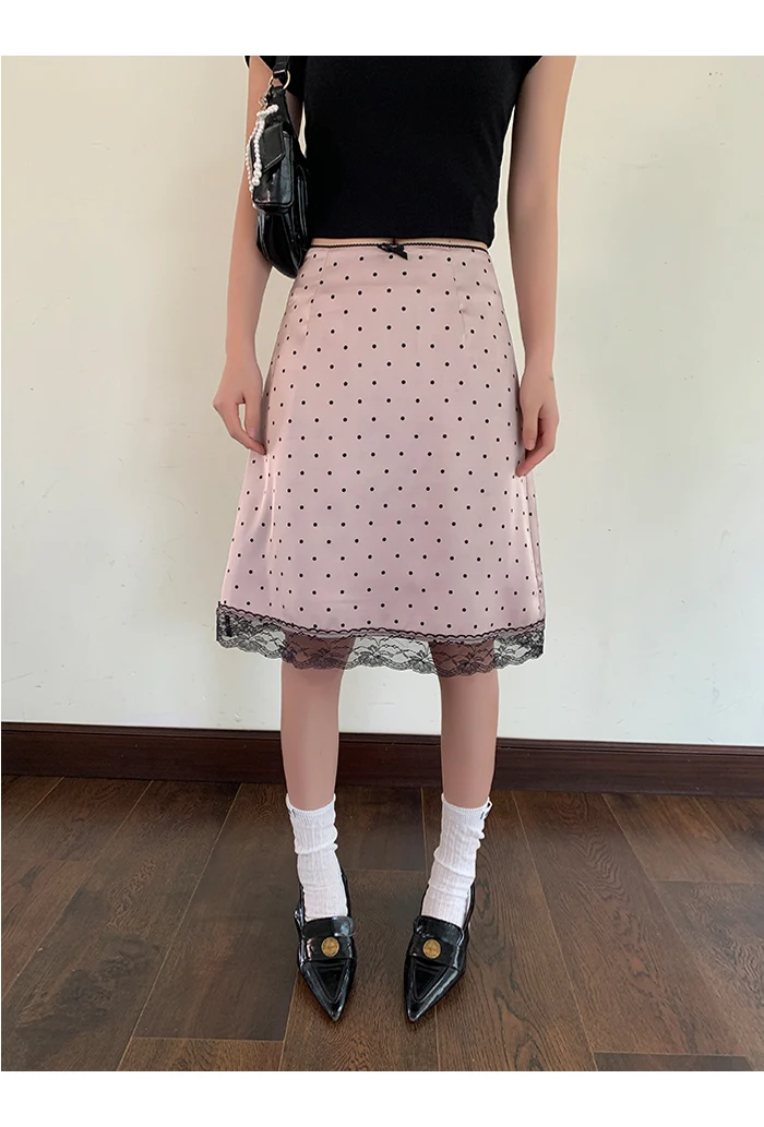 Tonngirls Vintage Dot gonne donna pizzo Patchwork vita alta una linea gonna Y2k Fairycore gonne elegante 2000s estate giapponese