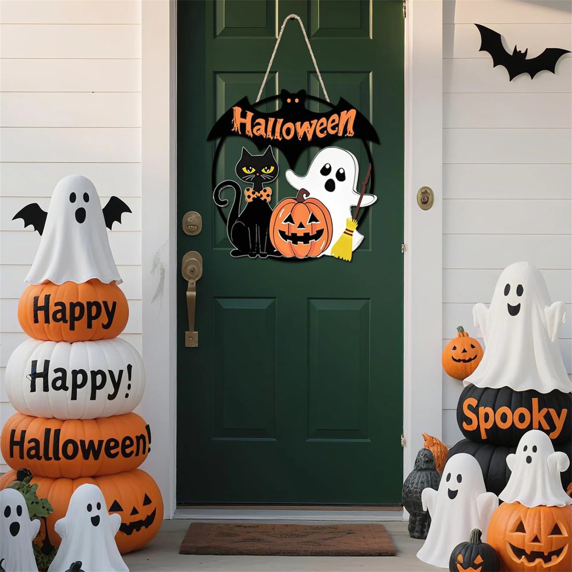 لافتة باب خشبية مخيفة للهالوين مع مضرب اليقطين الشبح على شكل قطة سوداء - ديكور معلق احتفالي للحفلات المنزلية