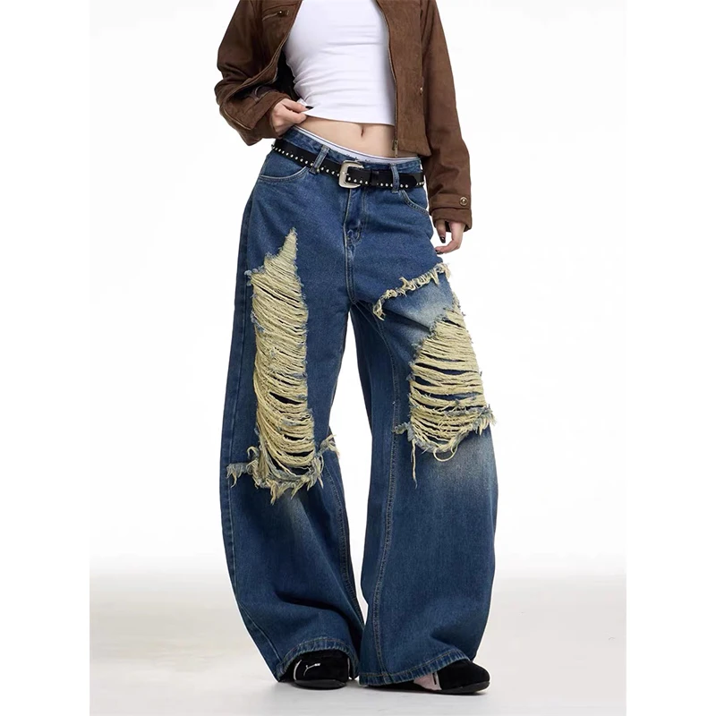 

ZHIZOU Американский Ретро Y2K 2000-х годов Рваные синие джинсы Женские свободные широкие брюки в стиле хип-хоп Весенние прямые брюки в корейском стиле с высокой талией