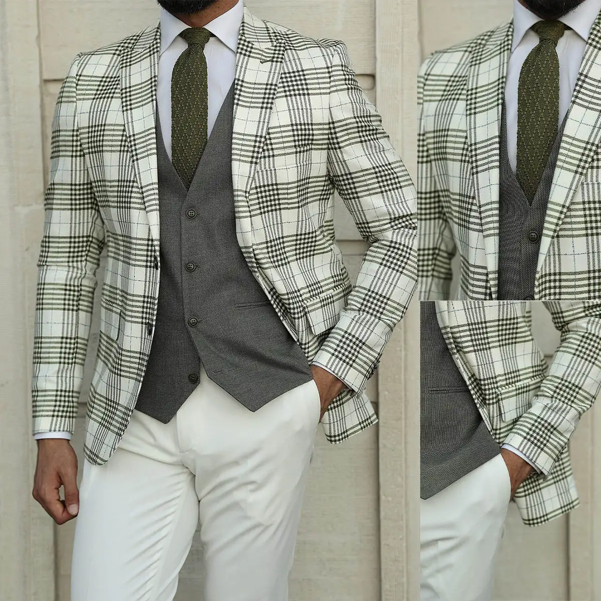 

Plaid Wedding Suits For Groom Peaked Lapel Tuxedos Single Breasted 3 Pcs Jacket Vest Pants Party Prom Customized