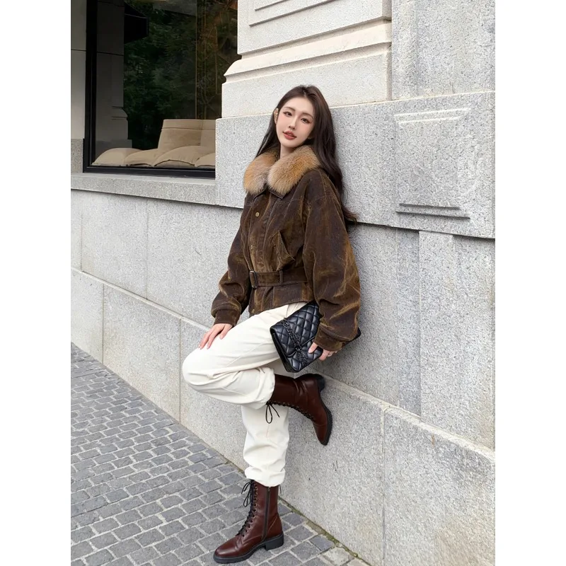 American retro denim down fur jacket women's 2025 winter new removable fox fur collar goose down pie overcome