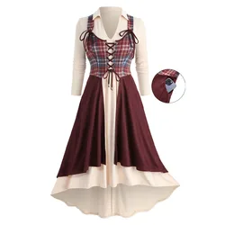 ROSEGAL Plus Size Shirt Dresses 2 In 1 Long Sleeve Grommets Lace Up Plaid Tie Pocket Layered Dress Women Spring Fall Rober Dress