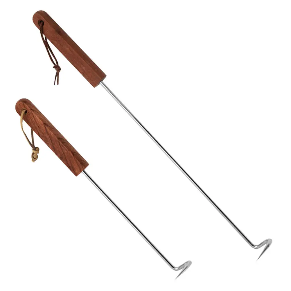 

2Pcs Stainless Steel Food Flipper Hook Wooden Handle for Meat Handling Bbq Food Hook Grill Barbecue Accessory Barbecue Accessory