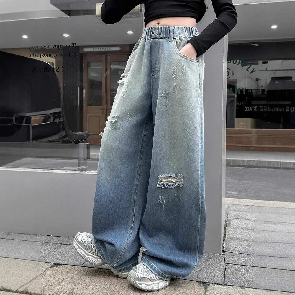 

Korean School Girls Jean Autumn Children Girls Fashion Gradient Color Ripped Trousers Kids Girls Elastic Waist Wide Leg Pant