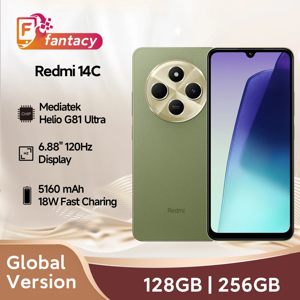 Xiaomi Redmi 14C الإصدار العالمي الغمر 6.88 بوصة عرض 50MP AI نظام الكاميرا المزدوجة ضخمة 5160 مللي أمبير بطارية 18 واط شحن سريع