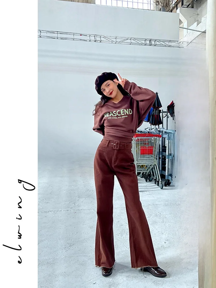 

Оригинальные винтажные джинсы Elwing: женские свободные прямые брюки с широкими штанинами, высокой талией и поясом, стройнящие, длинные