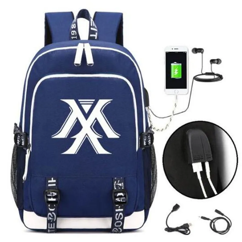 Monsta X Rucksack Backpack Bag w/USB Fashion Port/ Lock Headphone inter Teenagers Student School travel Laptop Bag