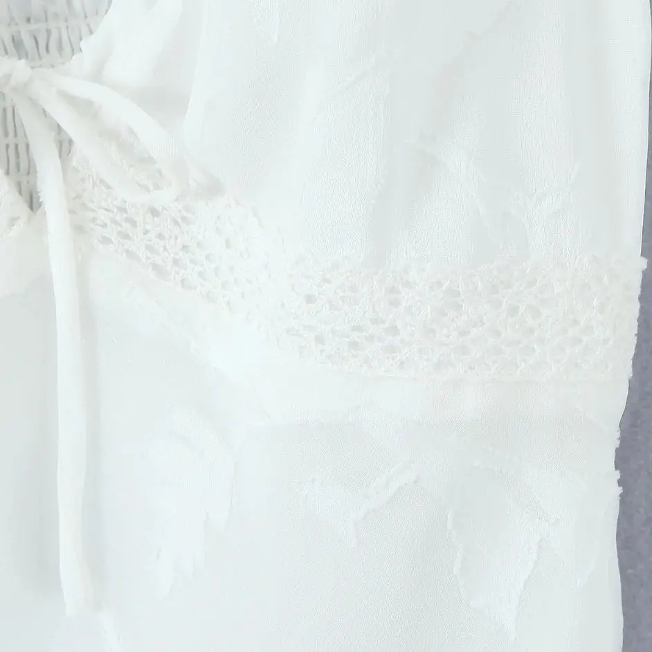 2025 Sexy bianco tessuto jacquard fiocco floreale scollo a V impiombato pizzo fionda abito da donna vita sottile mini abiti in chiffon abito da festa