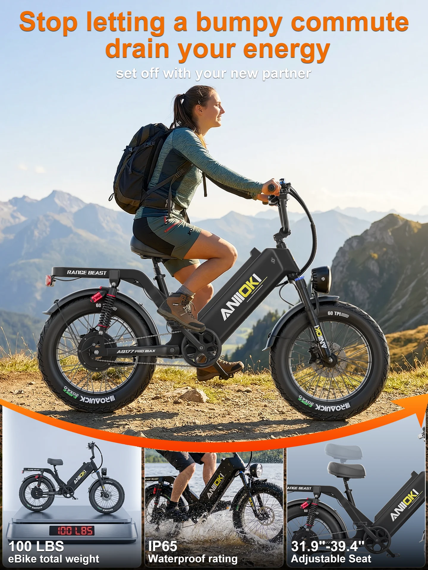 

2026 ANIIOKI Electric bike AQ177 Pro Max 1500W Peak Motor 48V 60Ah Battery 31mph Electric Bicycle Fat Tires 20"*4" Adult E Bike