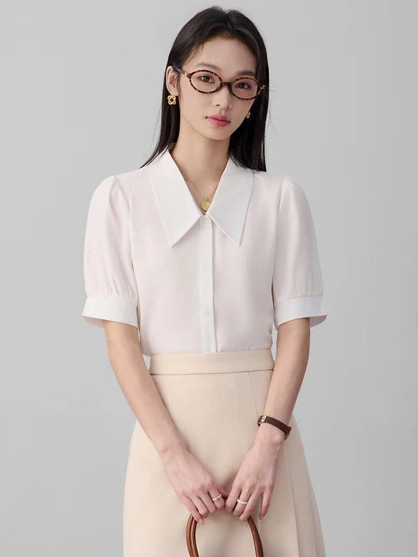 Professional Women's Summer Casual Loose Short Sleeve Shirt Commute Pure Color White Shirt Fashionable Versatile Straight Cut