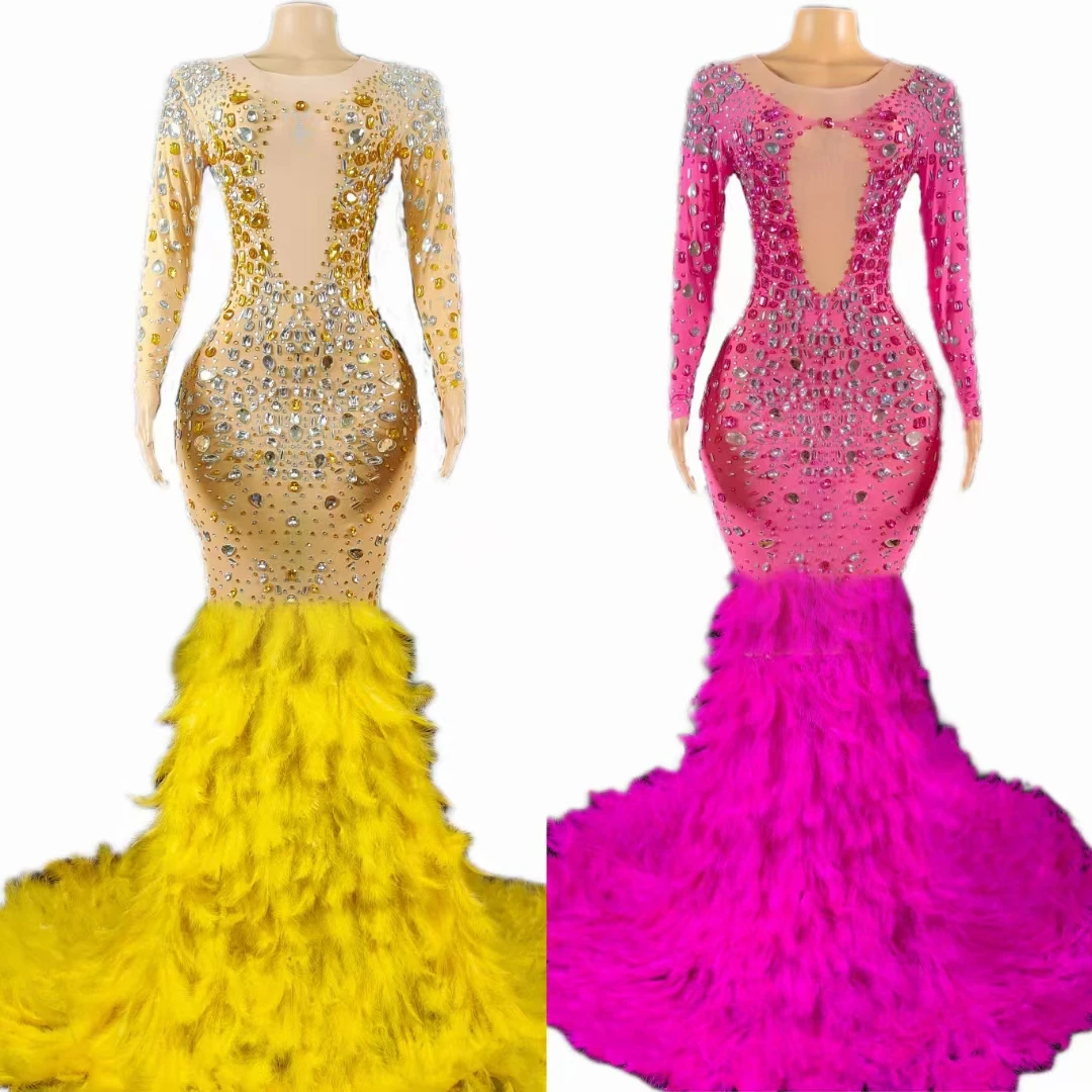 

Women Sexy Costume Colorful Big Rhinestones Long Tail Mesh Dress Female Singer Party Show Shining Stage Wear