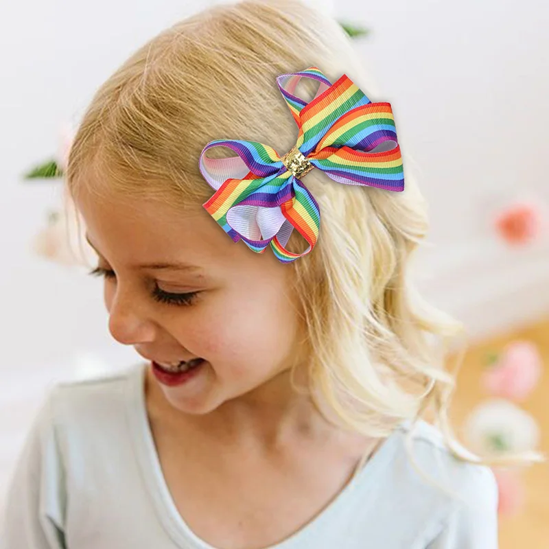 Fashion Ribbon Leopard Print Hairpins Barrettes Handmade Rainbow Hair Bow Clips For Girls Kids Hair Party Styling Accessories