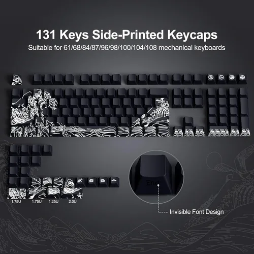 Shine Through Keycaps PBT Dye Sub Keycap Set Teclas de impresión lateral 129 teclas Cherry Profile Keycaps Wave of Kanagawa Llave de doble disparo